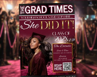 She Did It Magazine Graduation Invitation, Maroon Class Of 2026 Invite, Printable Grad Party Flyer, Editable Template, DIY Digital Download