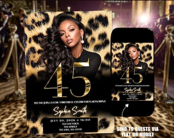 45th Birthday Invitation Template | Leopard Print Gold Glam Ecard | Printable Digital Party Invite for Women