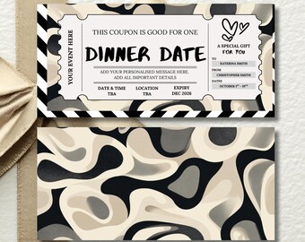 Custom Dinner Date Gift Voucher, Elegant Date Night Coupon, Printable Romantic Ticket, Date Idea Card, Retro Theme Editable Template
