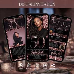 May include: Digital invitation displayed on three smartphones. The design features a woman's portrait, rose gold accents, and the text "50" and "Sophia Smith." The invitation includes details for a birthday party.