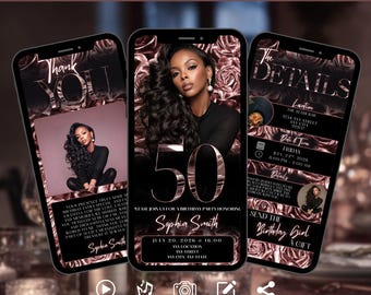 Peut inclure: Invitation numérique affichée sur trois smartphones. Le design présente un portrait de femme, des accents or rose et le texte "50" et "Sophia Smith". L'invitation comprend les détails d'une fête d'anniversaire.