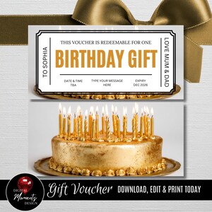Peut inclure: Un gâteau d'anniversaire doré avec de nombreuses bougies allumées est présenté sous un bon cadeau. Le bon indique "BIRTHDAY GIFT" et comporte des champs pour un message et une date. Le bon est orné d'accents dorés.