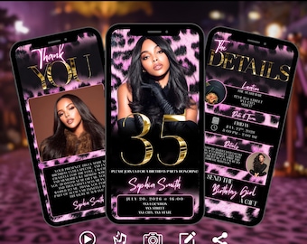 35th Leopard Birthday Digital Invitation | Animated Pink Evite | Editable Phone Text Invite for Women | Instant Download