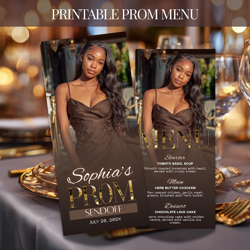 Prom Chicken Prom Menu Printable, Editable Dinner Menu Card Brown Gold, Formal Dance ...