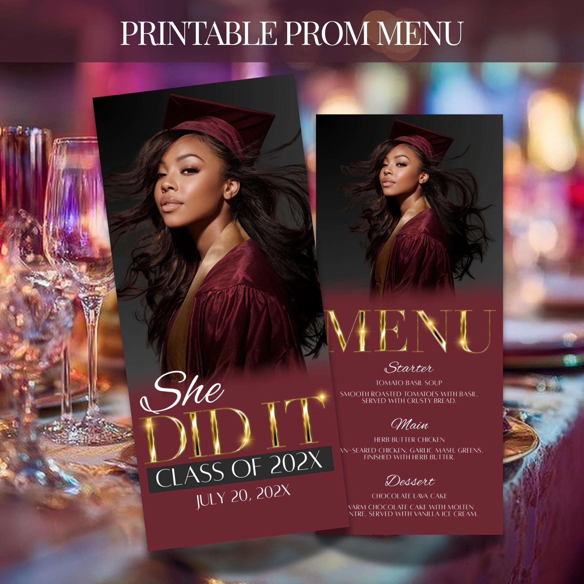 Maroon Graduation Menu Template, Editable Printable Dinner Card, Red ...