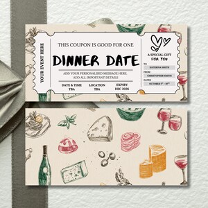 May include: A dinner date coupon with a decorative border and a patterned background featuring food and wine illustrations. The coupon includes fields for personalization and a December 2026 expiry date.