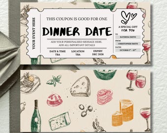 Custom Dinner Date Gift Voucher, Date Night Coupon, Printable Romantic Ticket, Digital Date Idea Card for Couples, Editable Template