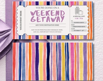 Weekend Getaway Gift Voucher, Editable Travel Gift Certificate, Printable Trip Away Coupon, Birthday Weekend Away Ticket, Water Color Theme