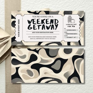 Weekend Getaway Gift Voucher, Editable Travel Gift Certificate, Printable Trip Away Coupon, Birthday Weekend Away Ticket, Brown Black Theme
