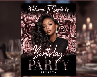 Birthday Welcome Sign Template | Black Rose Gold Glam Entrance Decor | Editable Printable Download