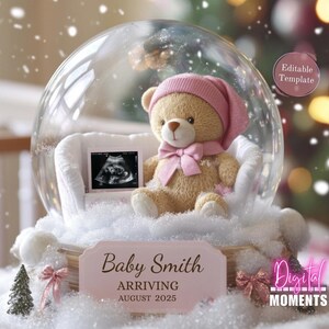 May include: A snow globe with a pink teddy bear inside, a white armchair, and an ultrasound image. The base of the snow globe has a sign that reads "Baby Smith Arriving August 2025".