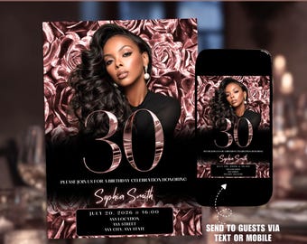 30th Birthday Invitation Template | Rose Gold Floral Adult Birthday Editable Invite | Printable & Digital Party Ecard for Women