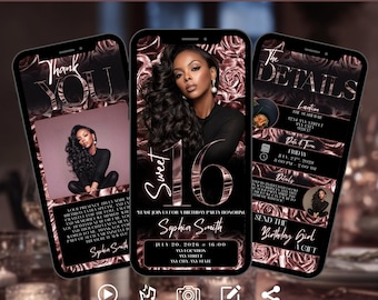 Sweet 16th Birthday Digital Invitation | Rose Gold Animated Evite | Editable Video Invite for Women | Phone Text Invite | Instant Download