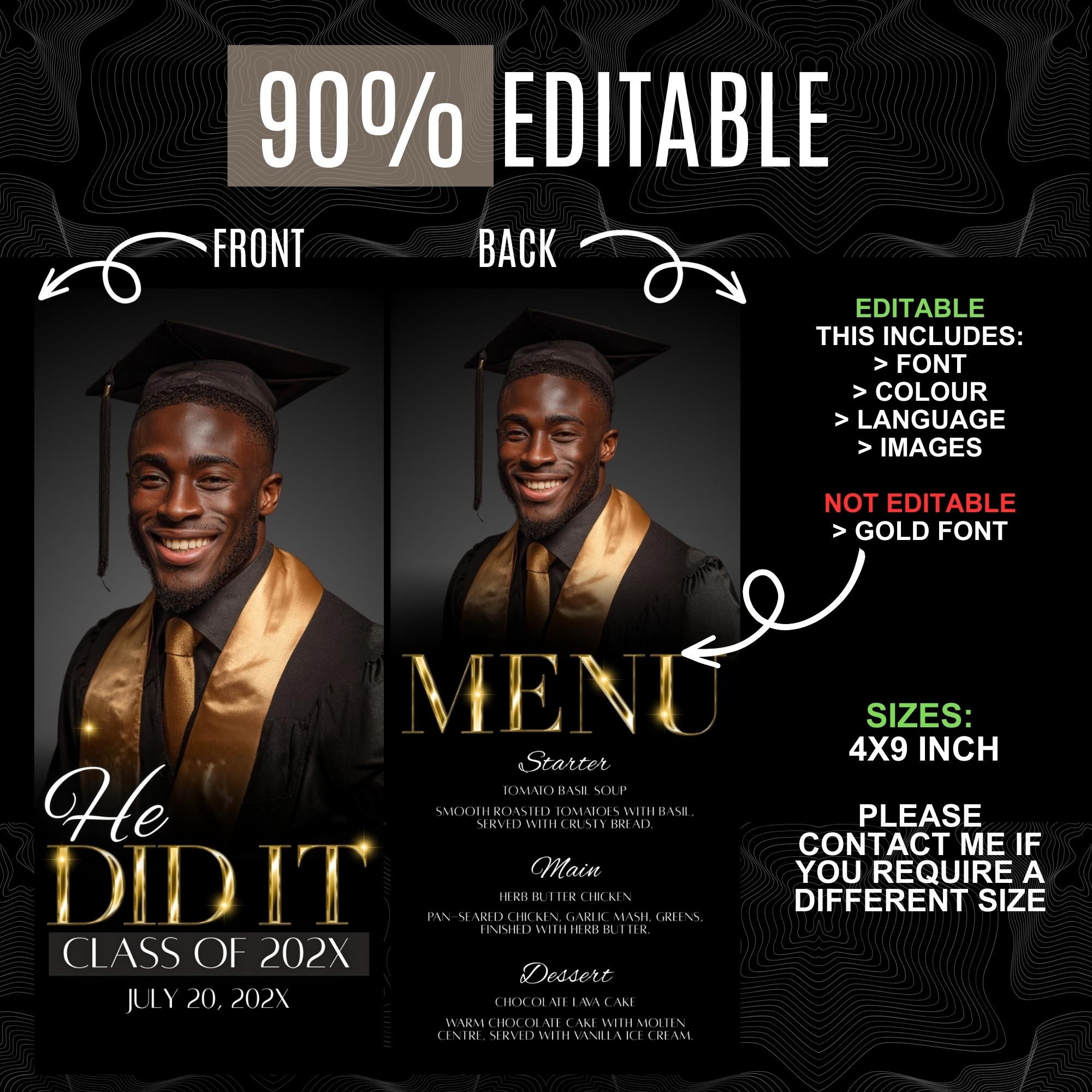 Gold Graduation Menu Template, Editable Printable Dinner Card, Grad ...