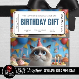 Può includere: Un buono regalo di compleanno con un gatto dei cartoni animati con un cappello da festa. Il buono recita "Birthday Gift" e "To Sophia". La parte inferiore del buono dice "Gift Voucher DOWNLOAD, EDIT & PRINT TODAY".