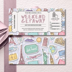 Weekend Getaway Gift Voucher, Editable Travel Gift Certificate, Printable Trip Away Coupon, Birthday Weekend Away Ticket, Sticker Theme