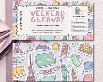 Weekend Getaway Gift Voucher, Editable Travel Gift Certificate, Printable Trip Away Coupon, Birthday Weekend Away Ticket, Sticker Theme
