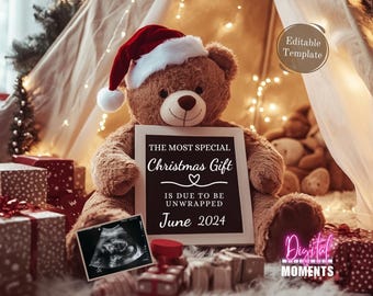 Christmas Pregnancy Announcement, Baby Announcement Digital Social Media, Xmas Bear Neutral Boho Santa Reveal, Editable Printable Template
