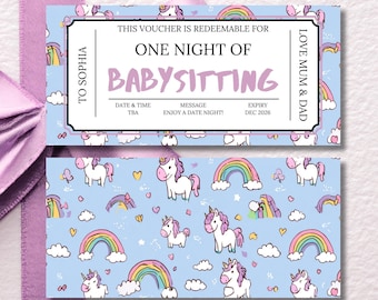 Babysitting Gift Voucher, Editable Baby Sitting Coupon Template, Printable Certificate, Personalized Child Care DIY Unicorn Theme Voucher