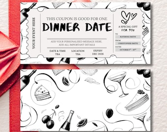 Custom Dinner Date Gift Voucher, Elegant Date Night Coupon, Printable Romantic Ticket, Date Idea Card for Couples, Editable Template