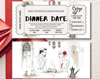 Custom Dinner Date Gift Voucher, Elegant Date Night Coupon, Printable Romantic Ticket, Date Idea Card, Minimalist Editable Template