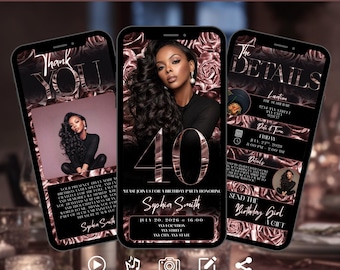 40th Birthday Digital Invitation | Rose Gold Black Animated Evite | Editable Video Invite for Women | Phone Text Invite | Instant Download