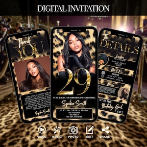 May include: Digital invitation design on three smartphones. The design features a leopard print background, gold text, and images of a woman. The invitations include details for a birthday party, with the text "Thank You" and "The Details".