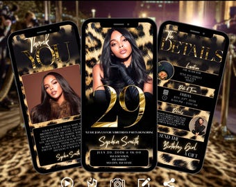 29th Leopard Birthday Digital Invitation | Animated Gold Black Evite | Editable Phone Text Invite for Women | Instant Download