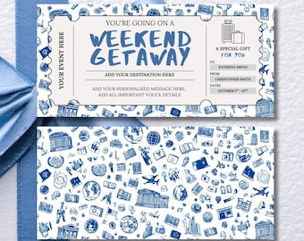 Weekend Getaway Gift Voucher, Editable Travel Gift Certificate, Printable Trip Away Coupon, Birthday Weekend Away Ticket for Him or Her