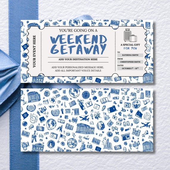 Weekend Getaway Gift Voucher, Editable Travel Gift Certificate, Printable Trip Away Coupon, Birthday Weekend Away Ticket for Him or Her