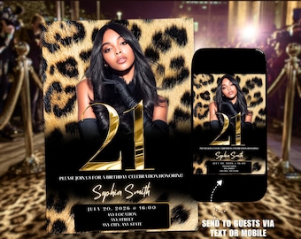 21st Birthday Invitation Template | Leopard Print Gold Glam Ecard | Printable Digital Party Invite for Women