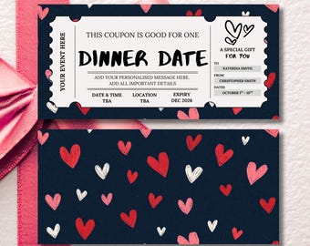 Custom Dinner Date Gift Voucher, Date Night Coupon, Printable Romantic Ticket, Digital Date Idea Card for Couples, Editable Heart Template