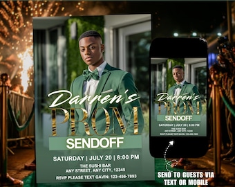 Prom Send Off Invitation, Green Printable Boys Flyer Template, King Prom Party Digital Invite, Men DIY Graduation Celebration Animated