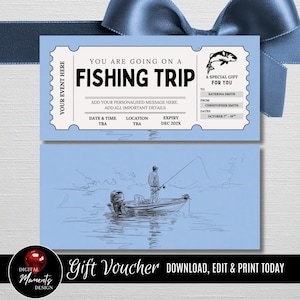 Puede incluir: Un vale de regalo de pesca azul claro con el texto "YOU ARE GOING ON A FISHING TRIP". El vale incluye un dibujo de un pescador en un barco y el texto "Gift Voucher DOWNLOAD, EDIT & PRINT TODAY".