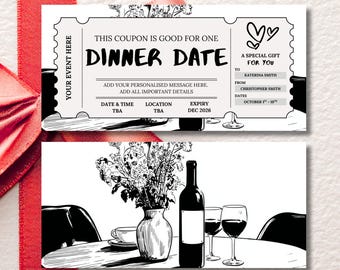 Custom Dinner Date Gift Voucher, Date Night Coupon, Elegant Printable Romantic Ticket, Date Idea Card for Couples, Editable Template
