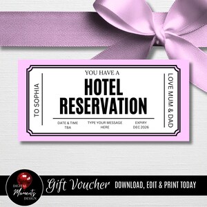 Hotel Reservation Gift Voucher, Editable Certificate, Printable Coupon, Birthday Weekend Away Ticket, Personalized Digital Pink Template