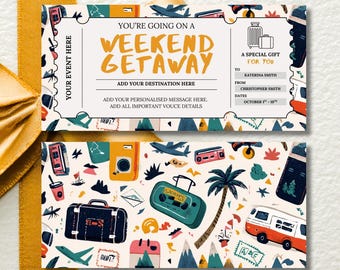 Weekend Getaway Gift Voucher, Editable Travel Gift Certificate, Printable Trip Away Coupon, Birthday Weekend Away Ticket, Holiday Vibe Theme