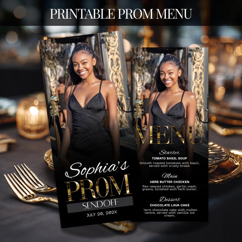 Prom Menu Printable, Editable Dinner Menu Card Black Gold, Formal Dance ...