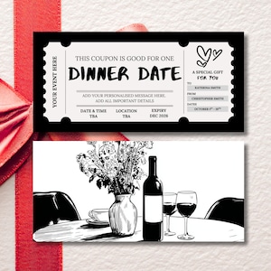 May include: A black and white dinner date coupon with the text "THIS COUPON IS GOOD FOR ONE DINNER DATE". Below the coupon is a black and white illustration of a table set for dinner with a wine bottle, glasses, and a vase of flowers.