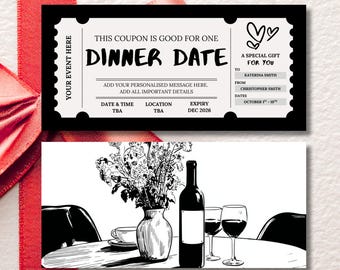 Custom Dinner Date Gift Voucher, Date Night Coupon, Printable Romantic Ticket, Elegant Date Idea Card for Couples, Editable Template