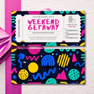 Weekend Getaway Gift Voucher, Editable Travel Gift Certificate, Printable Trip Away Coupon, Birthday Weekend Away Ticket, 80s 70s Theme