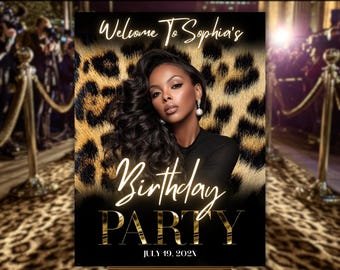 Leopard Birthday Welcome Sign Template | Gold Black Glam Party Entrance Board | Printable Editable Decor | Instant Download
