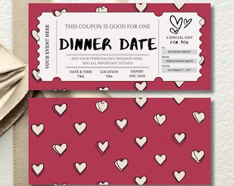 Custom Dinner Date Gift Voucher, Date Night Coupon, Printable Romantic Ticket, Digital Heart Date Idea Card for Couples, Editable Template
