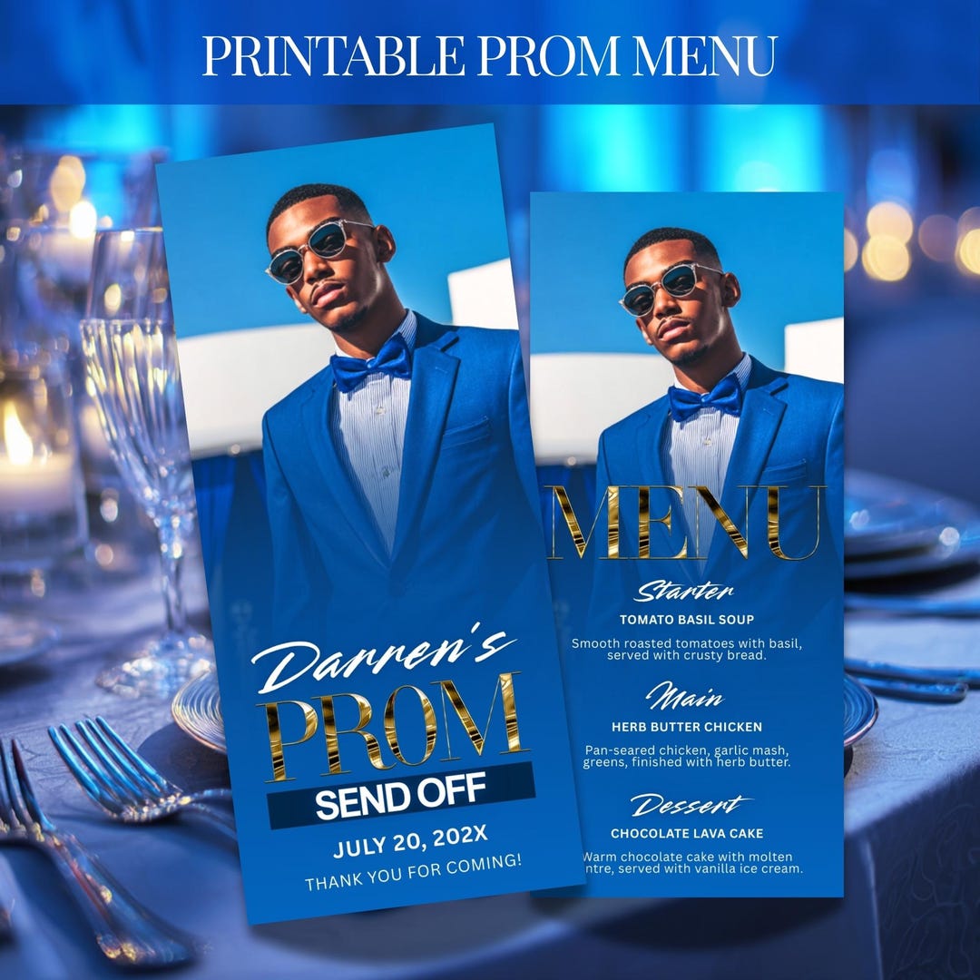 Prom Menu Italian Customizable Prom Menu, Blue and Gold Canva Template, Dinner Table ...