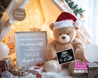 Christmas Pregnancy Announcement, Digital Silver Baby Reveal Social Media, Xmas Bear Neutral Boho Santa Reveal, Editable Printable Template