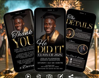 He Did It Graduation Ecard Invite for Men, Black Gold Digital Invitation, Class of 2026, Editable Text Invite