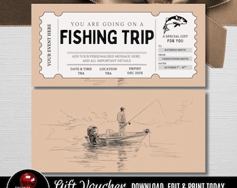 Könnte beinhalten: Ein Geschenkgutschein für einen Angelausflug mit beigem Hintergrund. Der obere Teil lautet "YOU ARE GOING ON A FISHING TRIP" und enthält Details für den Empfänger. Der untere Teil zeigt eine Skizze einer Person, die von einem Boot aus angelt. Der Text unten lautet "Gift Voucher DOWNLOAD, EDIT & PRINT TODAY."