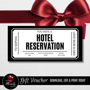 Hotel Reservation Gift Voucher, Editable Certificate, Printable Coupon, Birthday Weekend Away Ticket, Personalized Digital Black Template