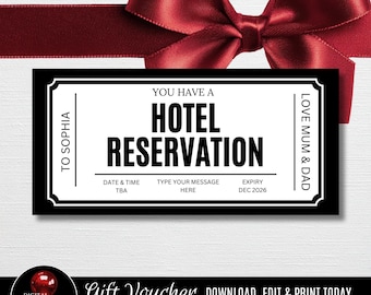 Hotel Reservation Gift Voucher, Editable Certificate, Printable Coupon, Birthday Weekend Away Ticket, Personalized Digital Black Template
