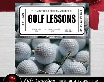 Printable Golf Lessons Voucher Template, Editable Birthday Ticket, Digital Christmas Golf Certificate Design, Instant Download Coupon